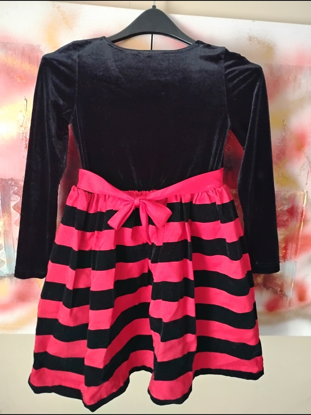 Black Velvet Top with Pink & Black Striped Skirt Dress